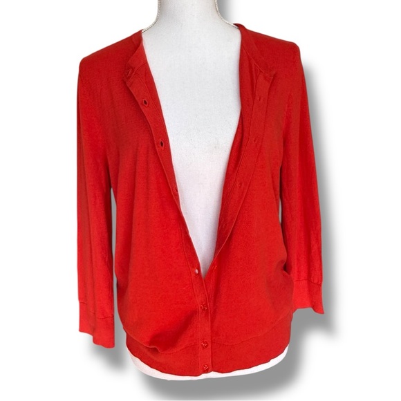 LOFT Vibrant Vermillion Women's Button Up Cardigan Thin Sweater Sz L - Picture 5 of 11